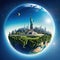 little planet Earth surrounded by best landmarks on plain background with copy