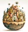 Little planet in the form of a city with houses and palm trees. Fantasy whimsical illustration in retro style