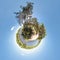 Little planet. Spherical aerial view in forest near river in nice day with nice clouds