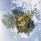 Little planet spherical panorama 360 degrees. Spherical aerial view in forest in nice day. Curvature of space