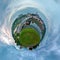 Little planet. Spherical view of Bridge over the river to the city at sunset