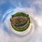 Little planet. Spherical view in a field in beautiful evening with nice clouds