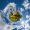 little planet transformation of spherical panorama 360 degrees. Spherical abstract aerial on church. Curvature of space