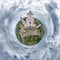 little planet transformation of spherical panorama 360 degrees. Spherical abstract aerial on church. Curvature of space