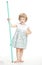 Little playful girl in dress holding sport stick