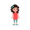 Little preschool kid with black hair posing in casual clothes red blouse, blue shorts and bow. Cartoon girl character