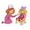 Little pretty girl doctor examining doll. Cute child character playing in hospital with toy. Kid wearing white coat and