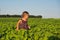 A little pretty girl in a green Bavarian dress with. Children in country. Beautiful flora