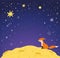 The Little Prince background. Starry sky and moon surface with fox. Vector illustration.