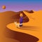 Little prince with a Fennec fox in the desert.