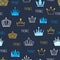 Little prince seamless pattern with watercolor and glittering crowns.