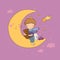 The little prince is sitting on the moon. Cute cartoon kid with toys. A boy with a teddy bear and a bunny. Time to sleep