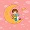 The little prince is sitting on the moon. Cute cartoon kid with toys. A boy with a teddy bear and a bunny. Time to sleep