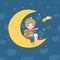 The little prince is sitting on the moon. Cute cartoon kid with toys. A boy with a teddy bear and a bunny. Time to sleep
