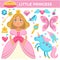 Little princess, magic unicorn or crystal shoes and golden royal crown vecor flat icons