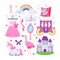 Little princess pink icons set. Vector illustration of unicorn, castle, crown, flamingo, girls dress, rainbow, carriage