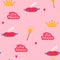 Little princess seamless pattern. Bright pink, cream colors. Illustration of crowns and little hearts. beautiful elegance Crystal