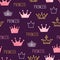 Little princess seamless pattern with watercolor and glittering crowns.