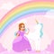 Little princess, sweet girl in dress with magic unicorn. Cartoon beauty fairy tale background, baby graphic art. Fantasy