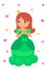 Little princesse in green beautiful dresse and gold crown. Cute smiling queen. Fairy tale pretty kids. Cartoon style