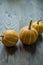 Little pumpkins. Decorative pumpkin on the table. Halloween. View from the side. Dark background