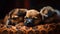 Little puppies in a wicker basket on a red background. Shallow depth of field.