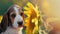 Little puppy of beagle sniffs sunflower flower in field. Beagles is always hungry, Diet, advertising pet food, dog's