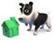 Little puppy dog plays with a small green house, 3d render