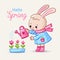 Little rabbit watering flowers in boots in spring. Vector illustration with cute animal