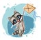 Little Raccoon flying a kite in starry sky. Favorite childhood game. Cartoon style Young kid of animal. Vector isolated