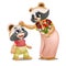 A little raccoon gave a bouquet of tulips to his mother isolated on a white background. The mother caresses the head of