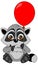The little raccoon is sitting with a red balloon