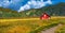 A little red country barn sitting in a field of color landscape.