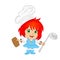 Little red-haired girl cook, dressed in a blue apron and a chef`s hat is holding a soup ladle and cookies, smiling cheerfully.