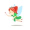 Little red-haired happy fairy in a green dress with a magic wand in her hands flies on a white background