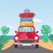 Little red retro car rides from the sea with stack of suitcases on roof. Flat cartoon vector illustration. Car front View With