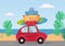 Little red retro car rides from the sea with stack of suitcases on roof. Flat cartoon vector illustration. Car side View With