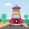 Little red retro car rides to sea with stack of suitcases on roof. Flat cartoon vector illustration. Car back View With pile of