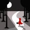 Little red riding hood in dark forest. vector illustration
