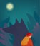 Little Red Riding Hood and wolf in the dark forest. Vector illustration.