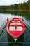 Little red and white skiff in Swedish lake