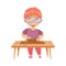 Little Redhead Boy in Protective Goggles at Table Woodworking Molding and Surfacing Timber Vector Illustration