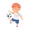 Little Redhead Boy in Sports Shirt and Shorts Playing Football Kicking Ball with His Foot Vector Illustration