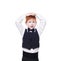 Little redhead boy in vest, surprised isolated on white