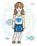 Little redhead girl cute child toddler in casual clothes standing on marine backdrop with ocean and fishes. Vector pretty nice