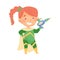 Little Redhead Girl Wearing Costume of Superhero Holding Water Pistol Pretending Having Power for Fighting Crime Vector