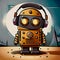 Little retro robot listening to music with headphones