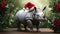 A little rhinoceros in a New Year\\\'s red hat.