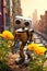 Little robot with a flower in a big city. Greening the planet concept.