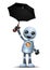 Little robot hold umbrella on isolated white background